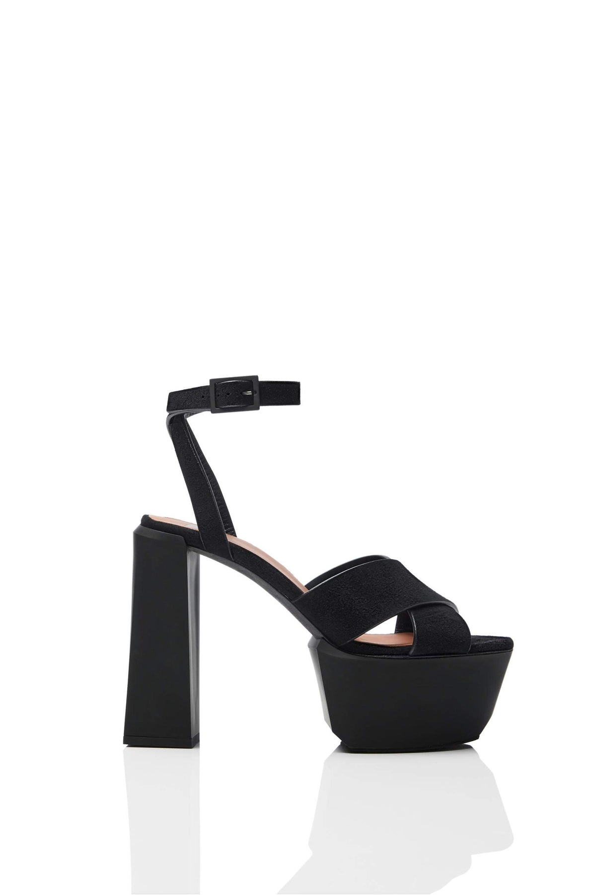 HAIKI 601 - Wide band, crisscross sandal, with self-adjusting ankle strap. Soft Kidsuede with hand-coated edges in black. 