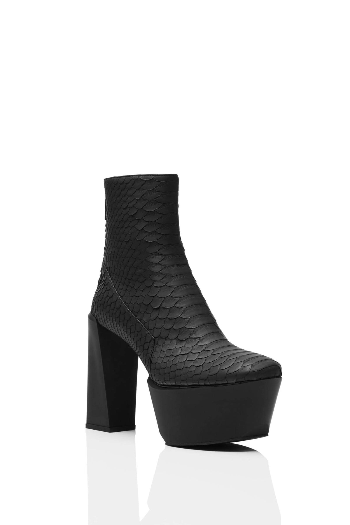 HAIKI 651 – Back zip platform boot with softly rounded toe. Finished in coated Genuine Python in black. 